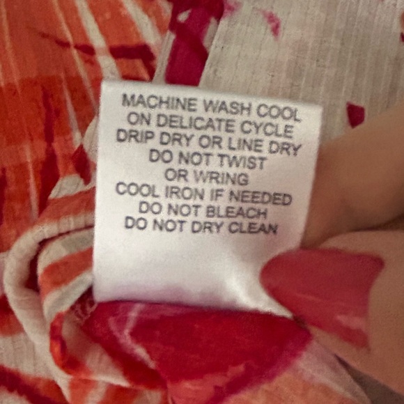 Emily Daniels 3/4 Ruched Sleeve V Neck Palm Leaf Red Orange Pink Blouse Size M - Picture 7 of 10